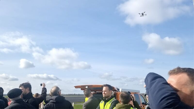 People on the ground watching drone in the air