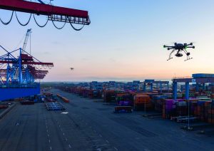 Two authorized drones flying at the port of Hamburg